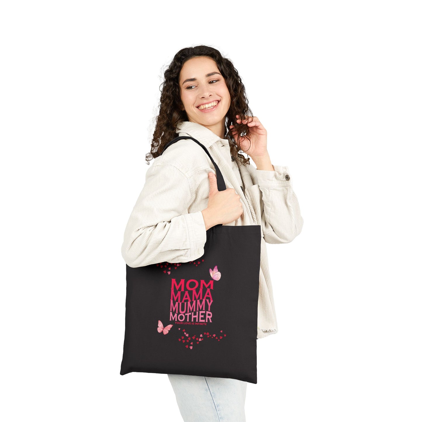 "Mom, Mama, Mummy, Mother" Cotton Canvas Tote Bag, 15" x 16"