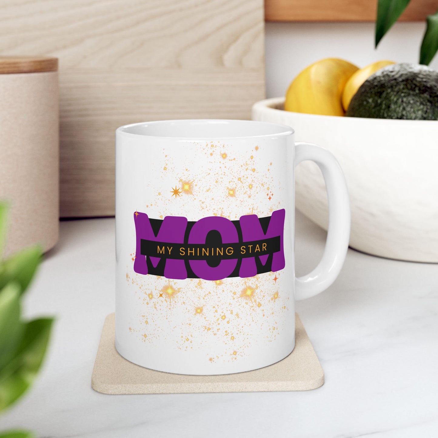 "Mom, My Shining Star" Ceramic Mug, (11oz, 15oz). Personalized with you own name, text, or photo.