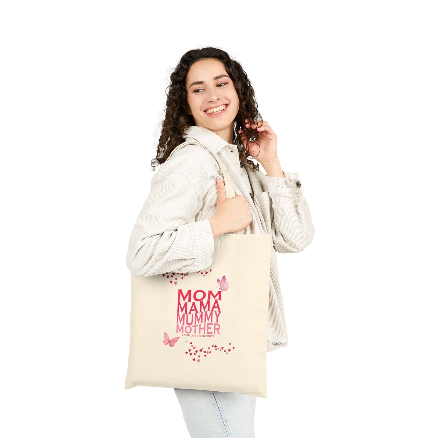 "Mom, Mama, Mummy, Mother" Cotton Canvas Tote Bag, 15" x 16"