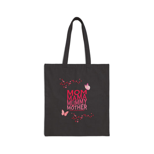 "Mom, Mama, Mummy, Mother" Cotton Canvas Tote Bag, 15" x 16"